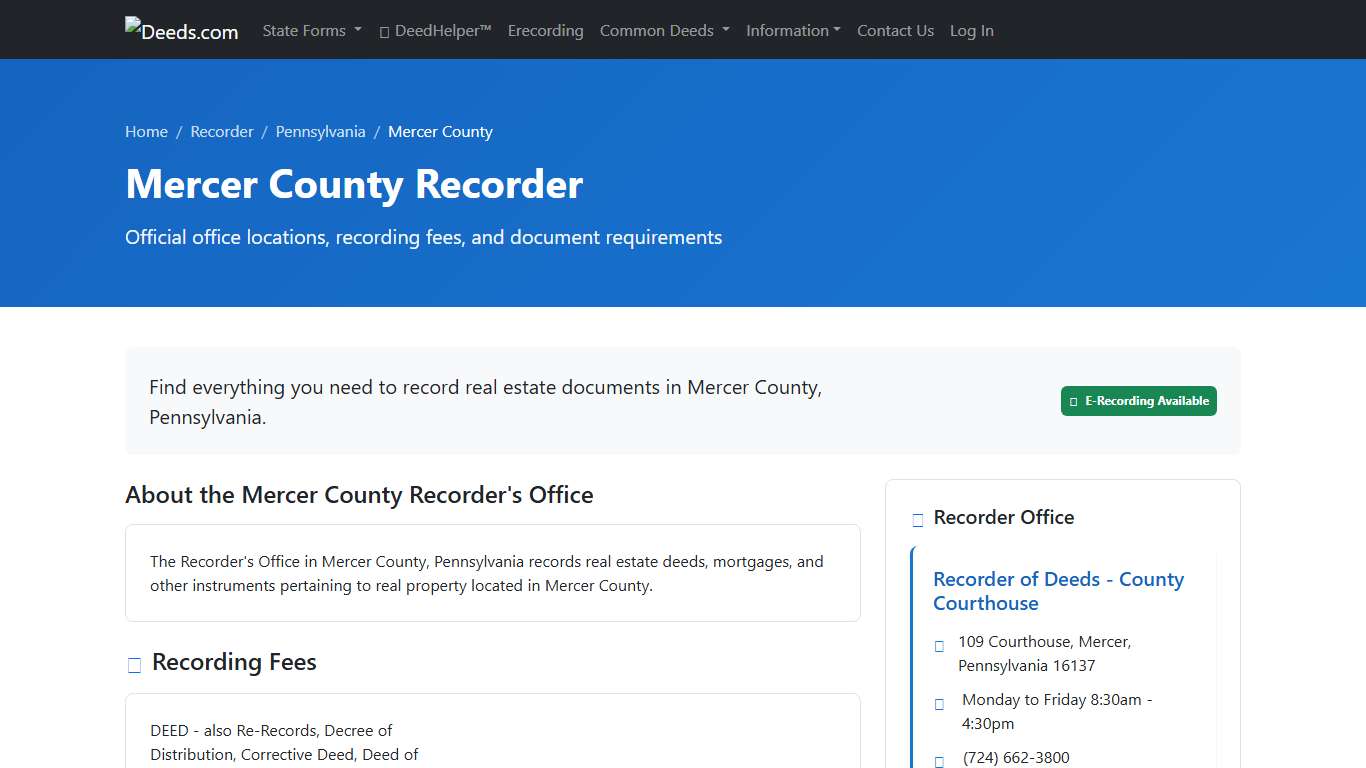 Mercer County Recorder Information, Pennsylvania - Deeds.com